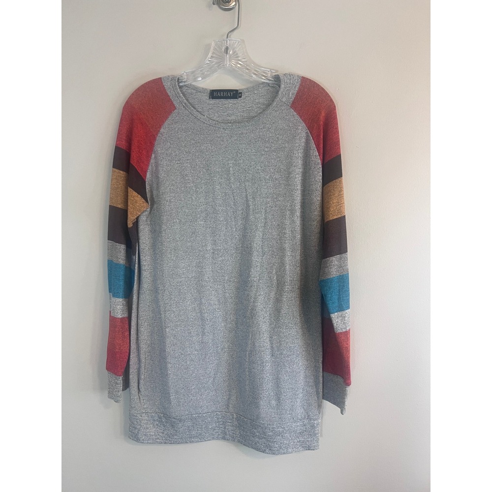 Harhay Womens Gray Heathered Tunic Top Striped Raglan Long Sleeve Size Medium